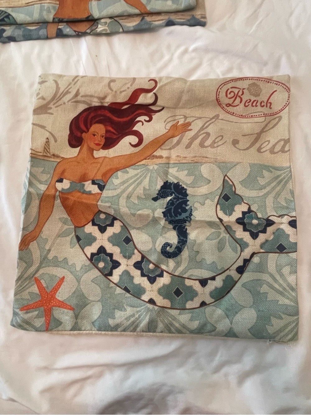 Vintage Beach Burlap Tropical 4 Mermaid Square 17 x 17.5 in Pillow cover - Picture 5 of 9